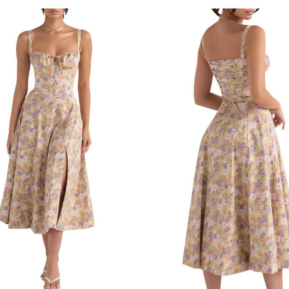 House of CB Yellow Floral Midi Dress with Purple & Pink Blossoms